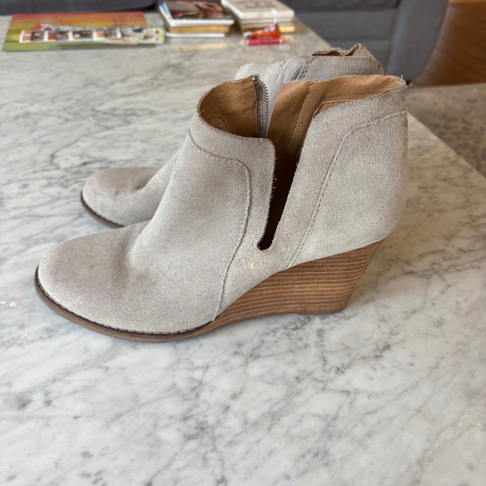 Lucky Brand Suede Light Tan Ankle Bootie /Wedge